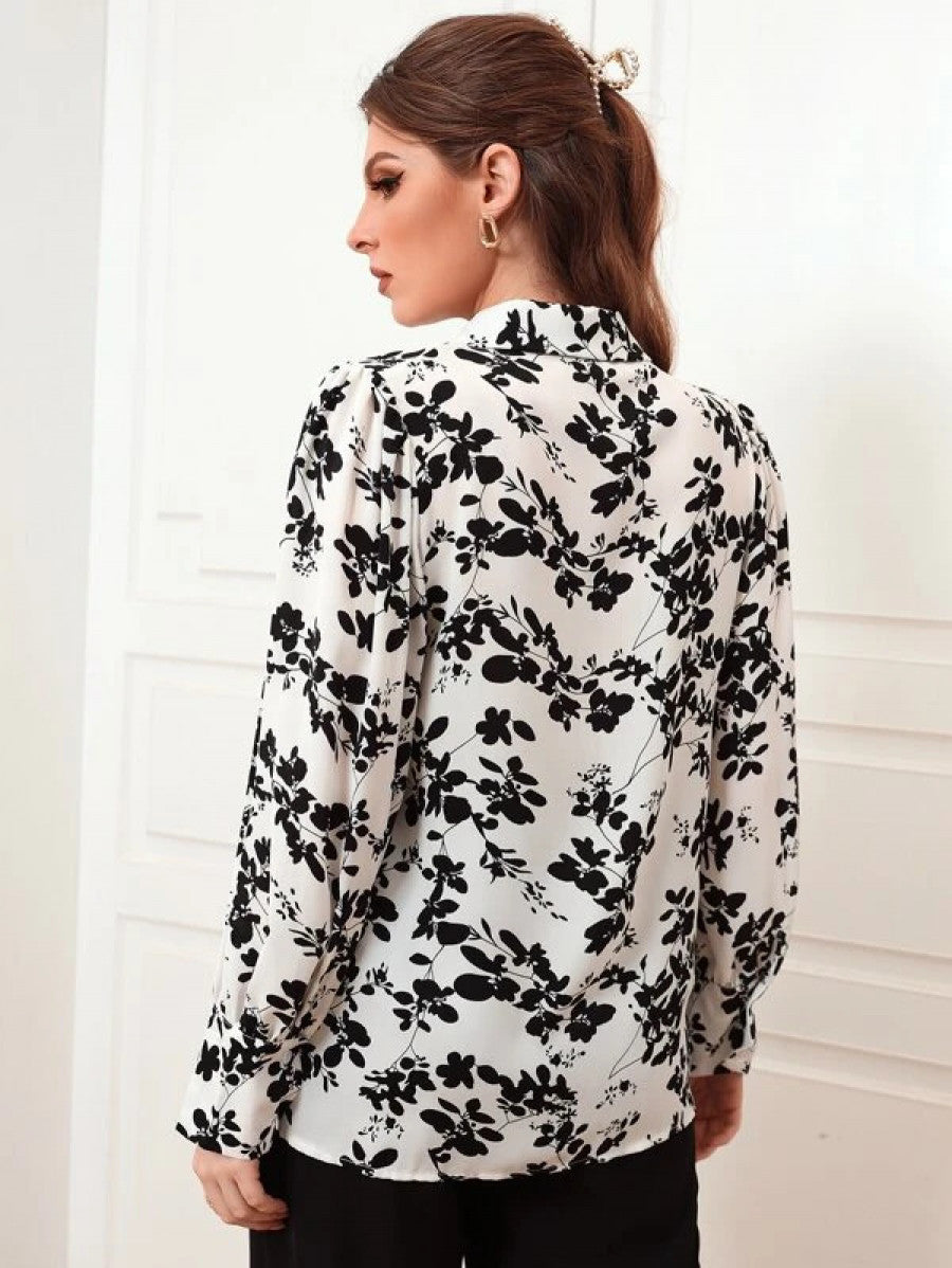 Floral Print Puff Sleeve Chiffon Blouse