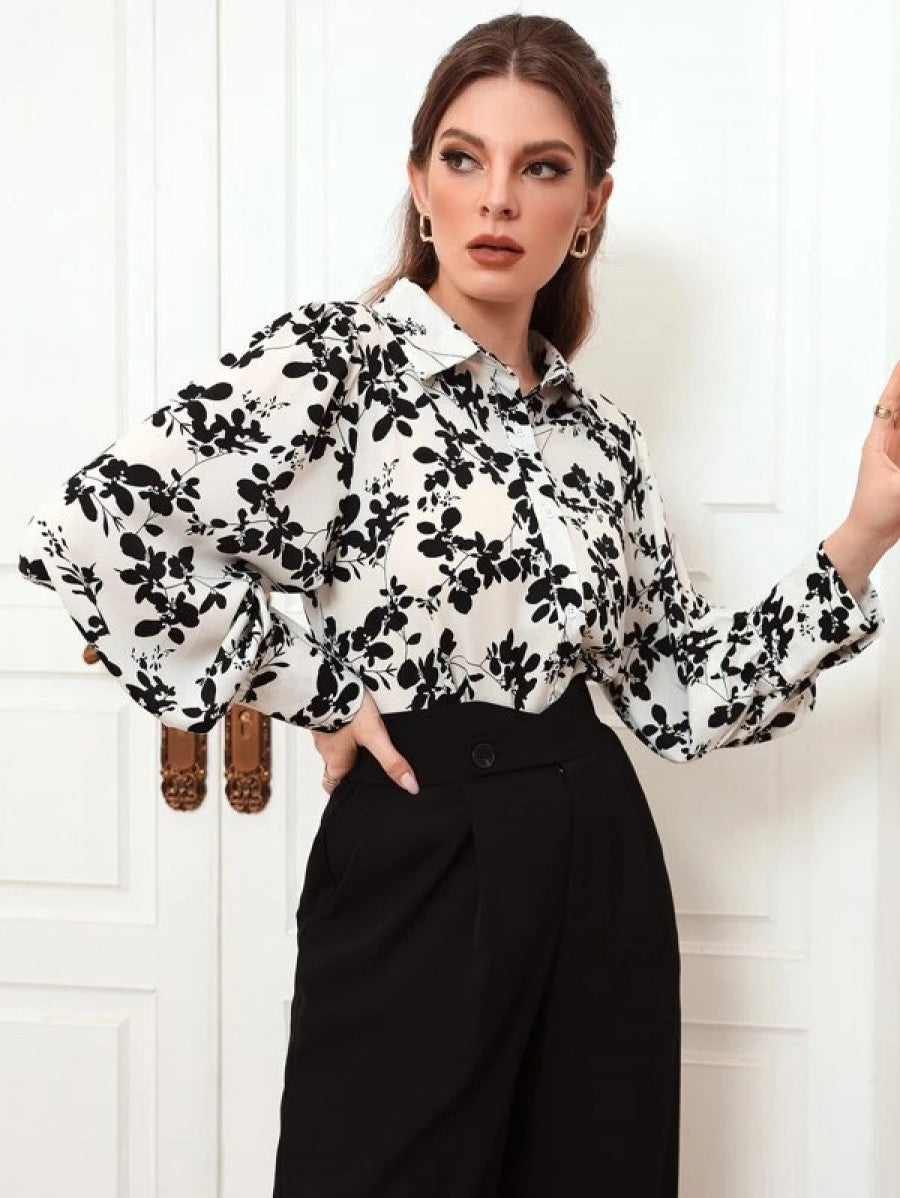 Floral Print Puff Sleeve Chiffon Blouse