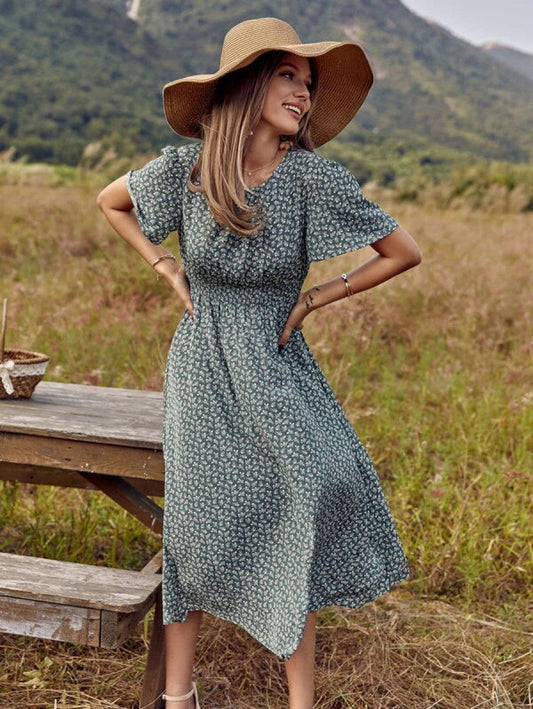 Ditsy Floral Print Shirred Waist Dress