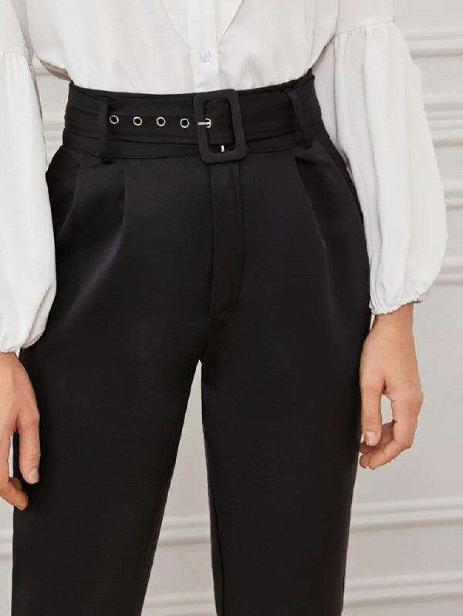 Solid Eyelet Buckle Belted Tailored Pants