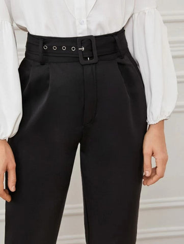 Solid Eyelet Buckle Belted Tailored Pants