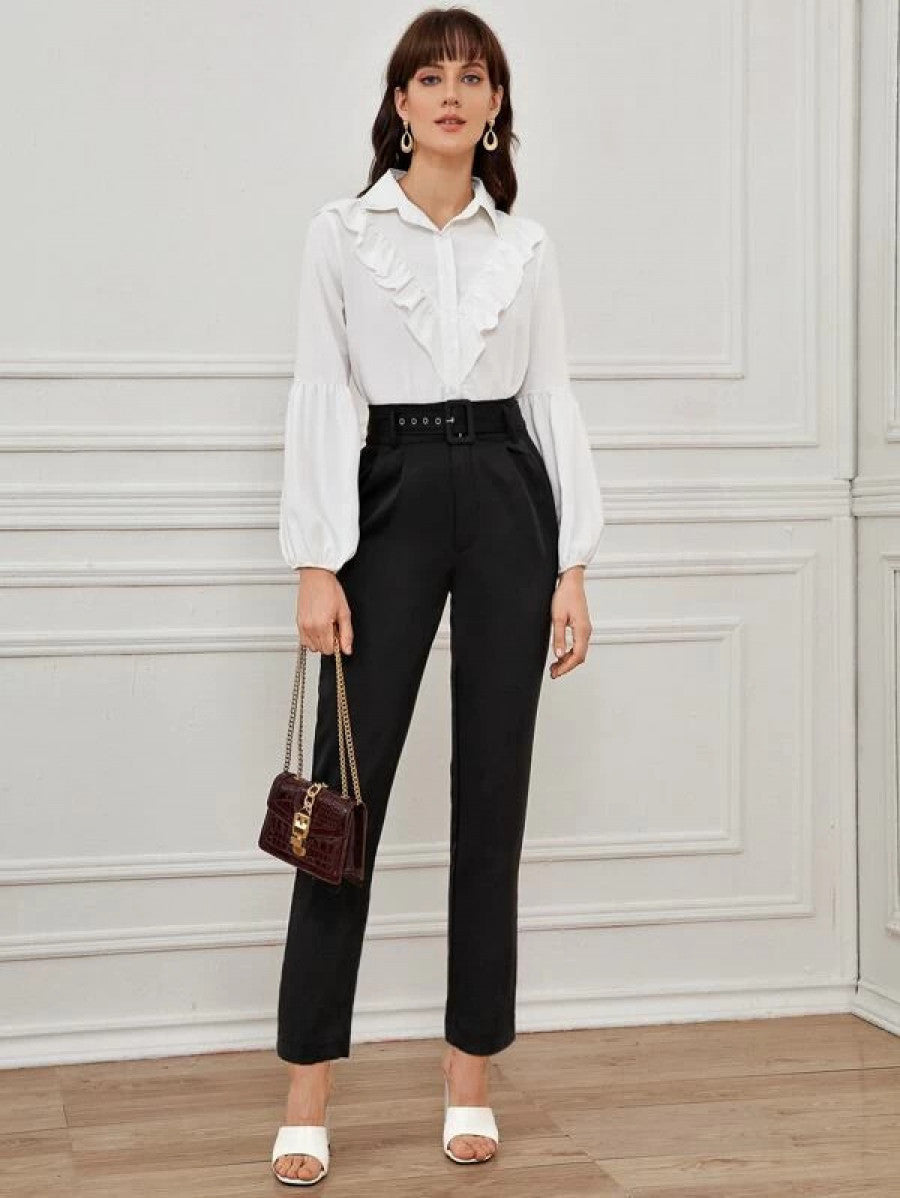 Solid Eyelet Buckle Belted Tailored Pants