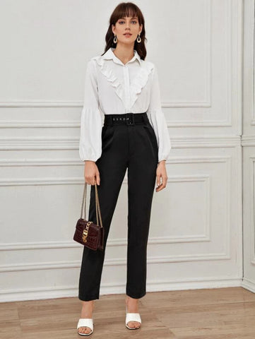 Solid Eyelet Buckle Belted Tailored Pants