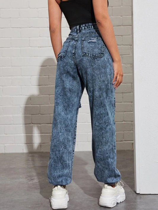 High Waisted Slogan Graphic Ripped Detail Jeans