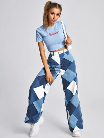 High Waist Argyle Print Wide Leg Jeans