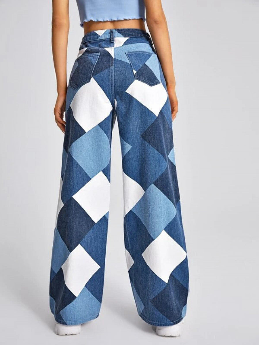 High Waist Argyle Print Wide Leg Jeans