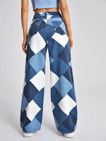 High Waist Argyle Print Wide Leg Jeans