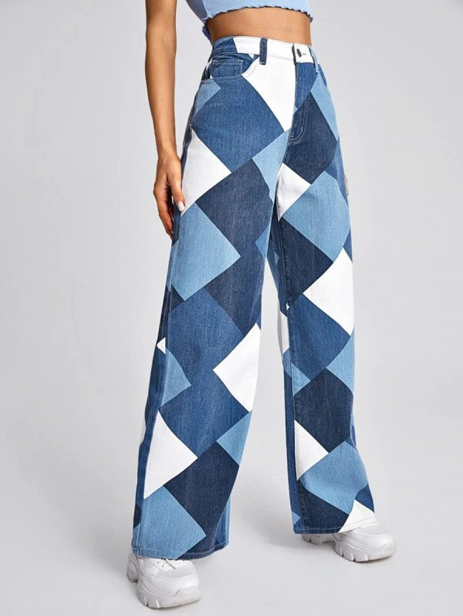 High Waist Argyle Print Wide Leg Jeans
