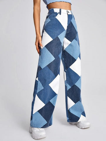 High Waist Argyle Print Wide Leg Jeans