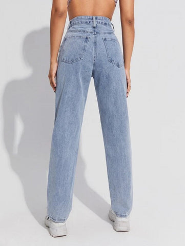 High Waist Slant Pocket Straight Jeans