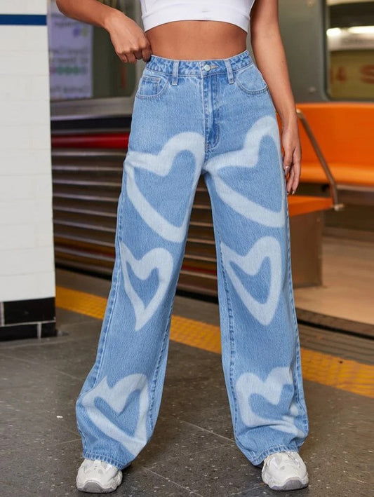 High Waist Heart Print Wide Leg Jeans