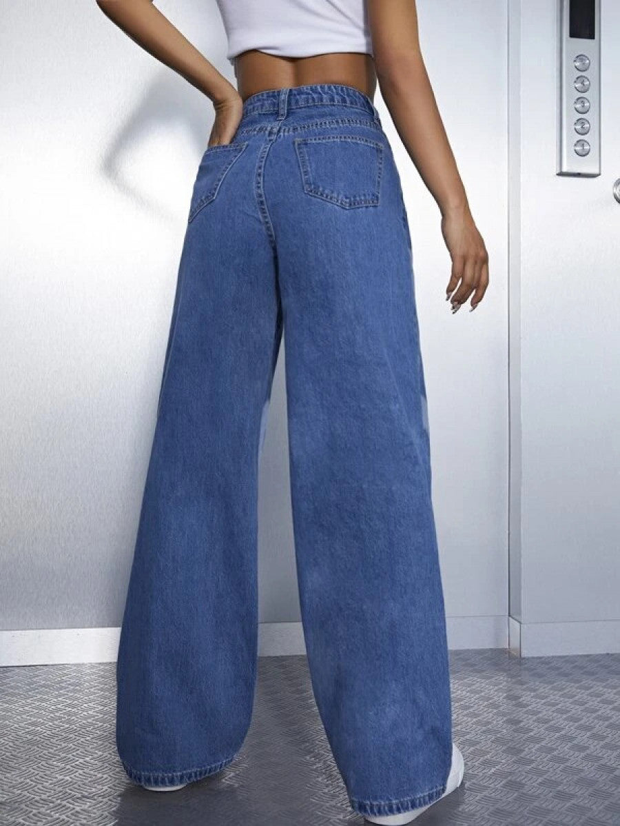 High Waist Heart Print Wide Leg Jeans