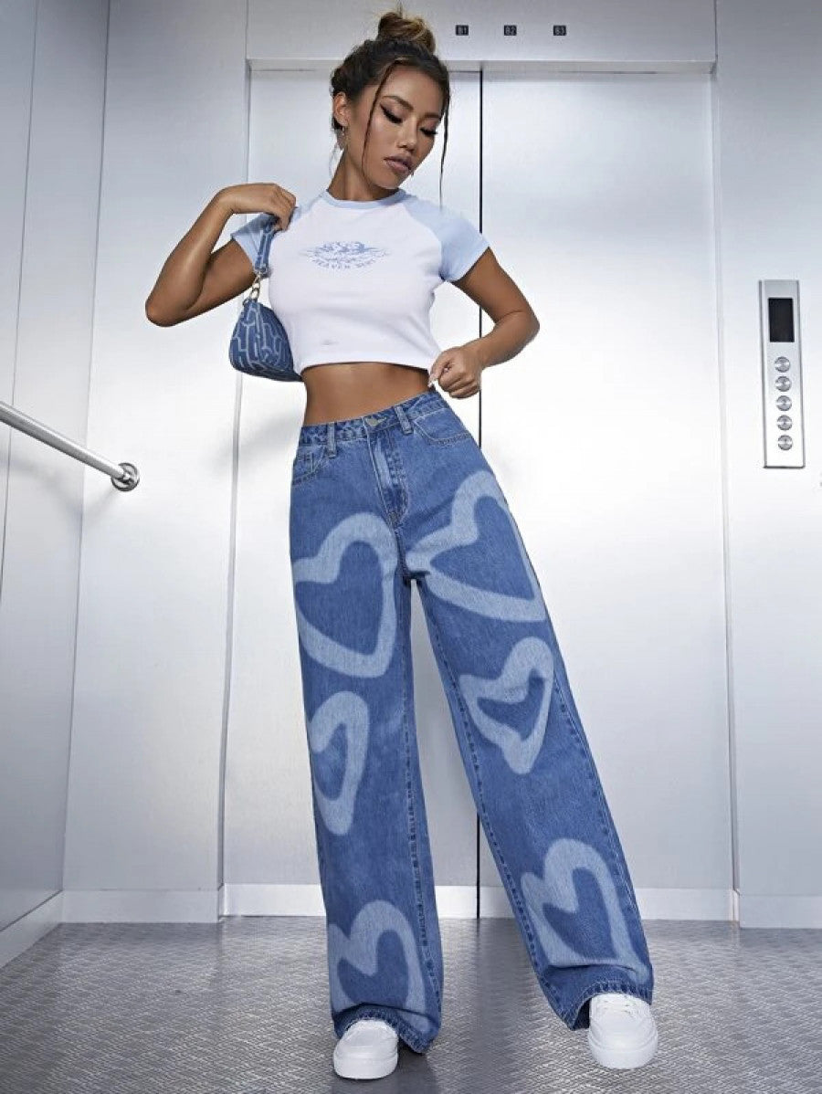 High Waist Heart Print Wide Leg Jeans