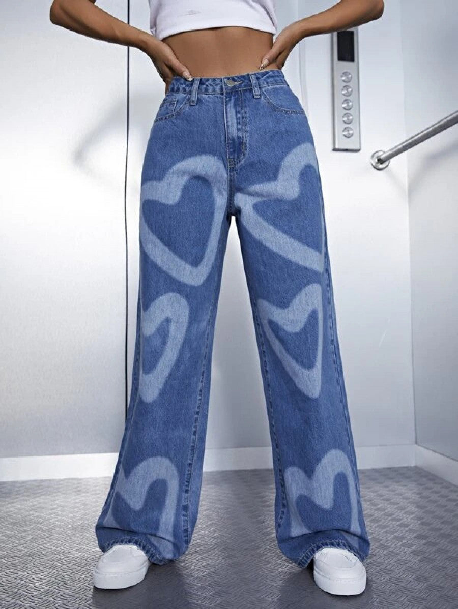 High Waist Heart Print Wide Leg Jeans