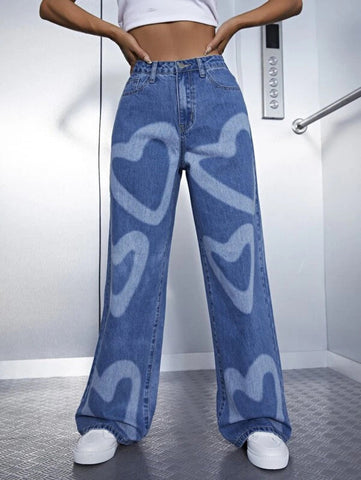 High Waist Heart Print Wide Leg Jeans