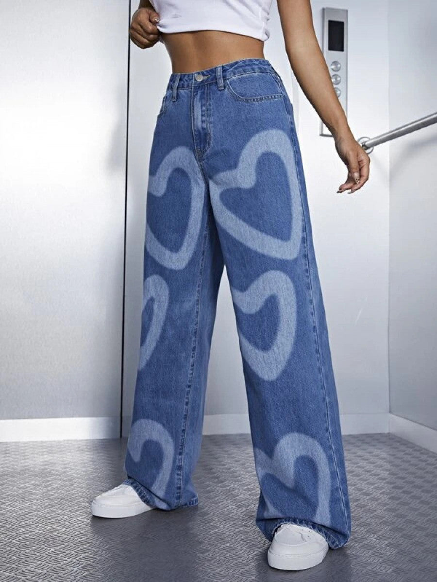 High Waist Heart Print Wide Leg Jeans