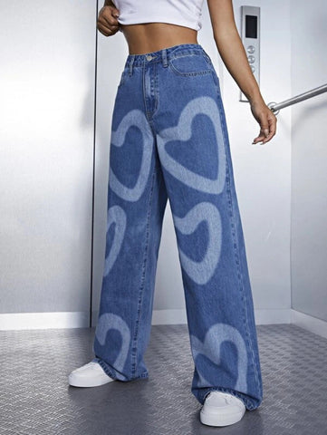 High Waist Heart Print Wide Leg Jeans