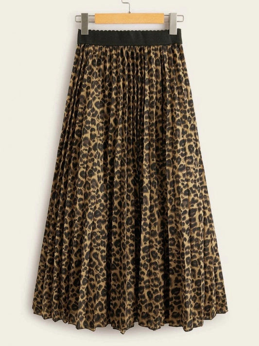 Cheetah Print Elastic Waist Pleated Skirt
