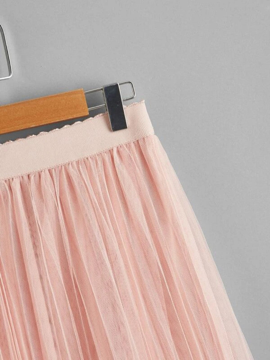 Scallop Edge Waist Mesh Overlay Skirt