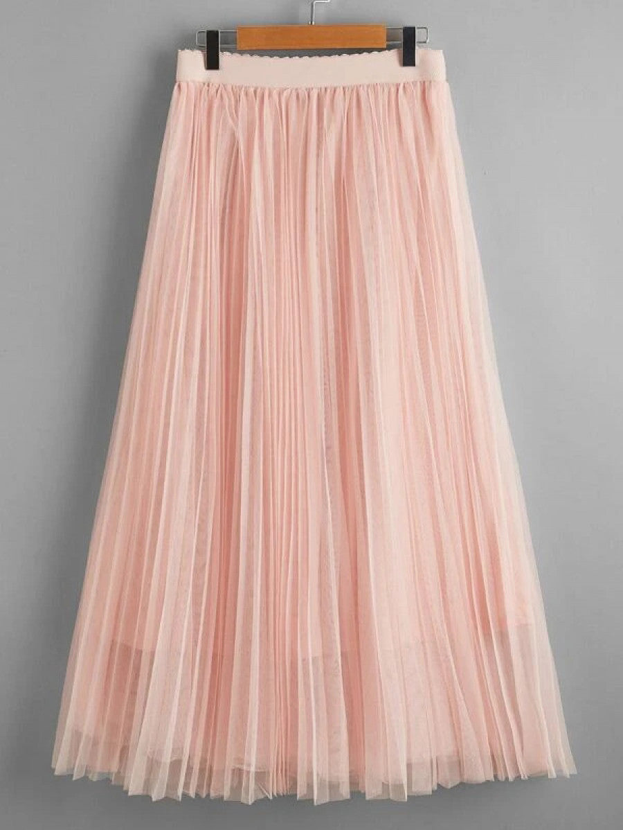 Scallop Edge Waist Mesh Overlay Skirt