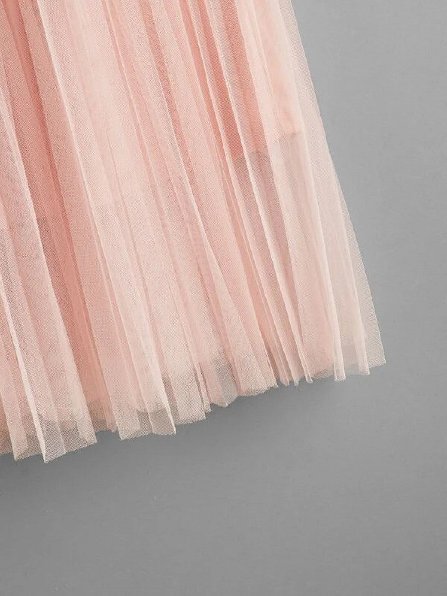 Scallop Edge Waist Mesh Overlay Skirt