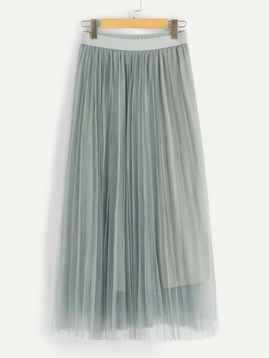 Scallop Edge Waist Mesh Overlay Skirt
