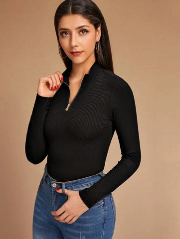 Form-Fitting Ribbed Half-Zip Top