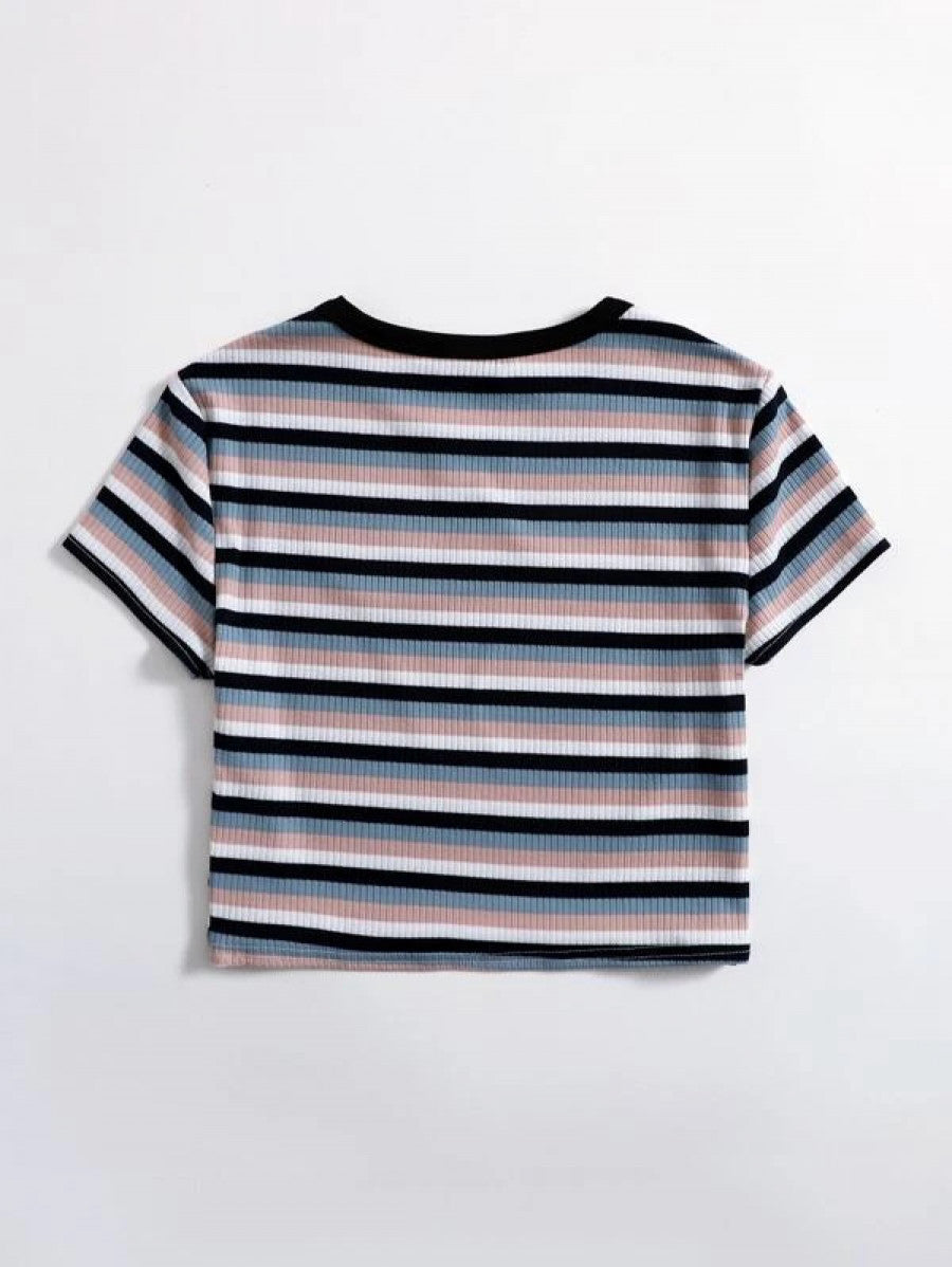 Contrast Neck Striped Top