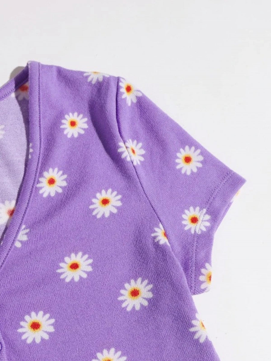 Buttoned Front Floral Crop Tee