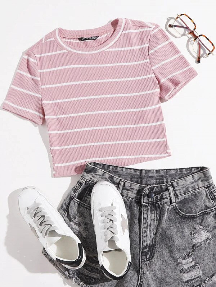 Striped Rib-knit Tee