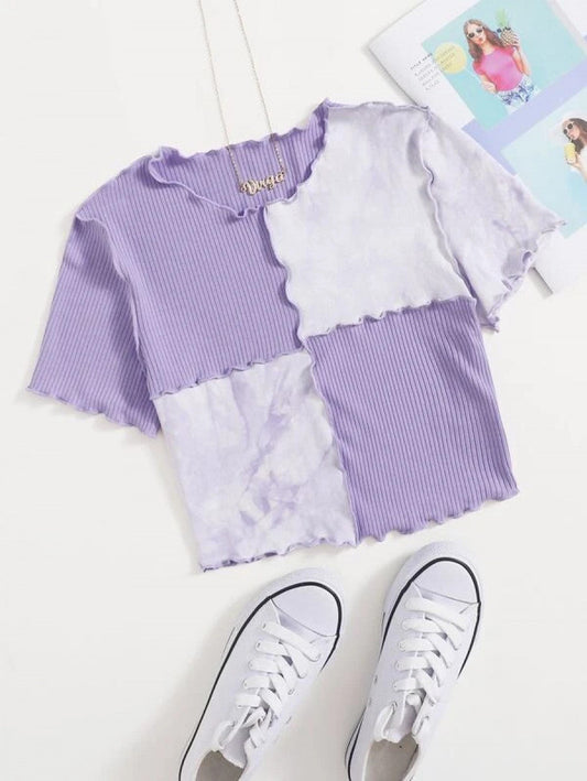Tie Dye Panel Seam Front Crop Tee