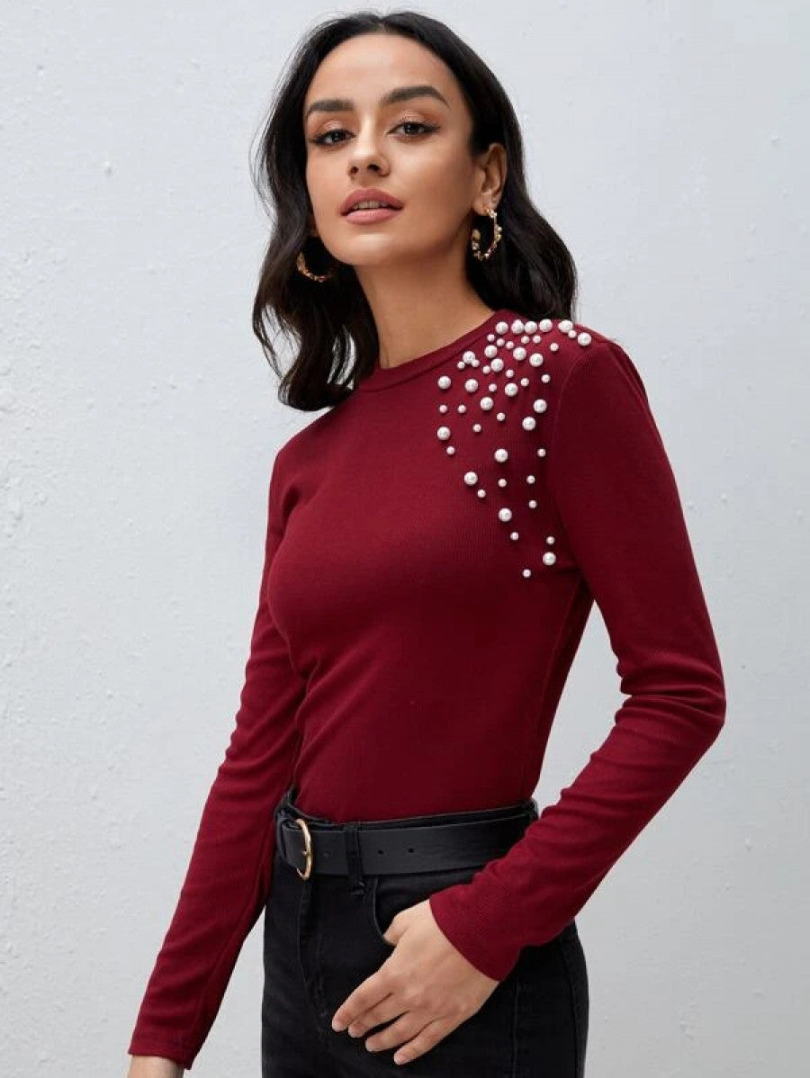 Mock Neck Pearl Beaded Tee