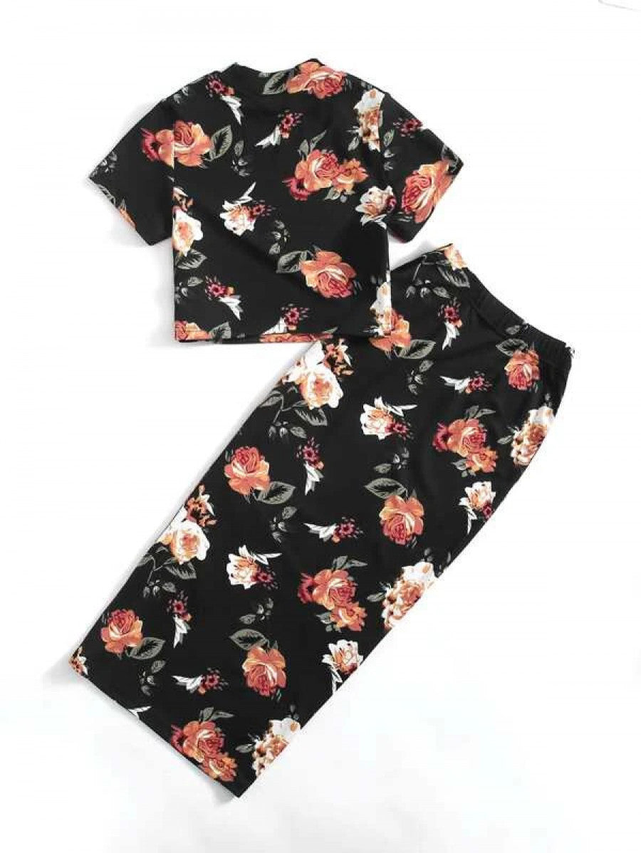 Mock-Neck Floral Top & Skirt Set