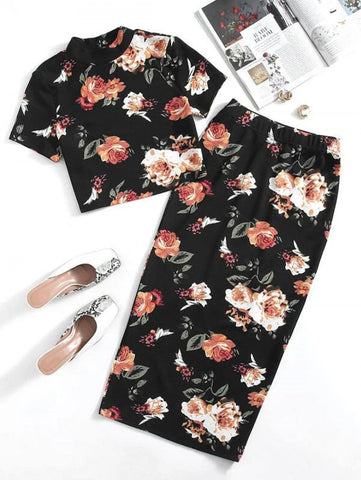 Mock-Neck Floral Top & Skirt Set