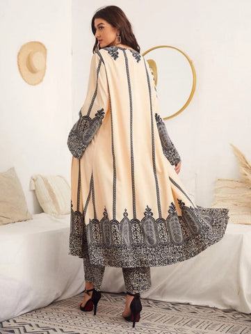 Open Front Graphic Print Tunic Blouse and Pants Set