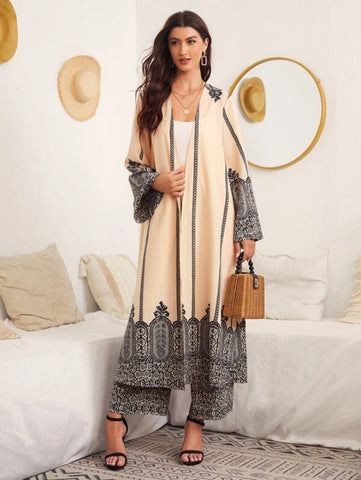 Open Front Graphic Print Tunic Blouse and Pants Set
