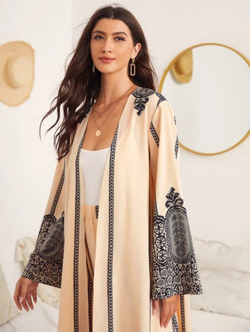 Open Front Graphic Print Tunic Blouse and Pants Set