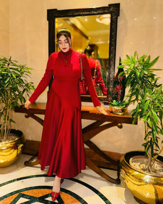 Urban High-End Knitted & Woven Mixed Long Sleeve Mock Neck High Low Hem Midi Dress