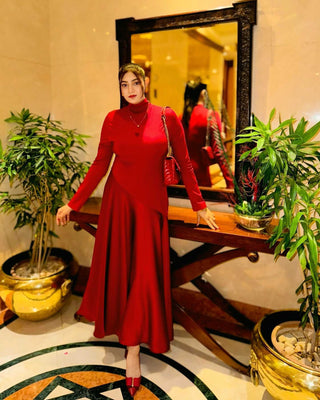 Urban High-End Knitted & Woven Mixed Long Sleeve Mock Neck High Low Hem Midi Dress