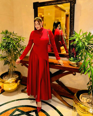 Urban High-End Knitted & Woven Mixed Long Sleeve Mock Neck High Low Hem Midi Dress