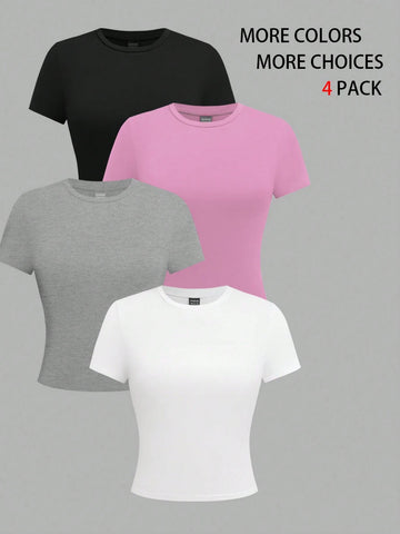 EMERY ROSE 4pcs Women Solid Color Crop Fitted Crew Neck Short Sleeve T-Shirts