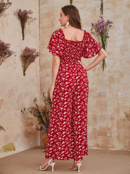 1pc Ditsy Floral Print Frill Trim Shirred Jumpsuit Without Belt