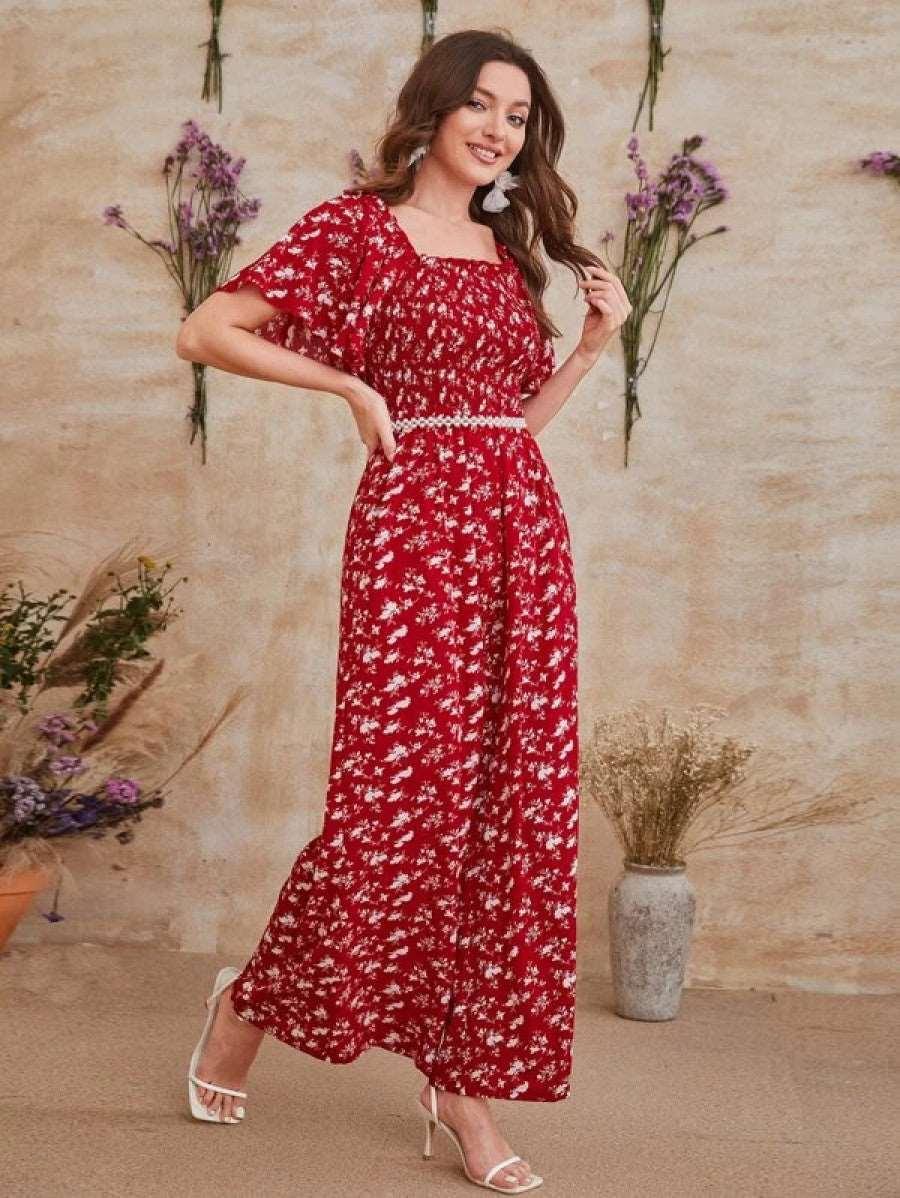 1pc Ditsy Floral Print Frill Trim Shirred Jumpsuit Without Belt