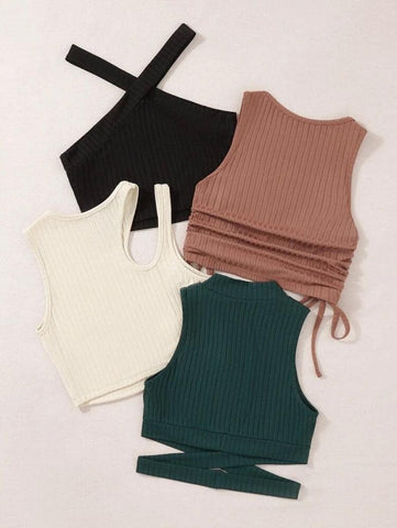 1pc Ribbed Knit Halter Top & 3pcs Tank Top