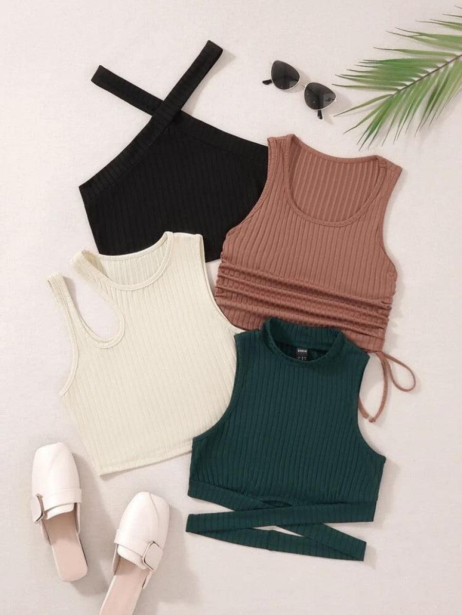 1pc Ribbed Knit Halter Top & 3pcs Tank Top