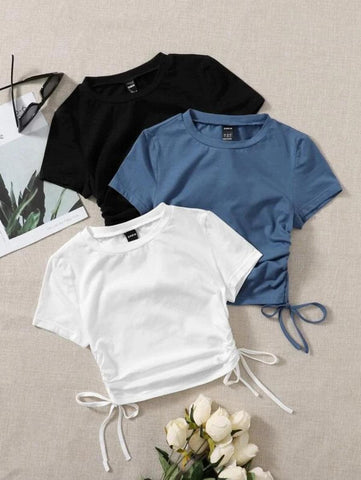 3pcs Drawstring Ruched Side Tee