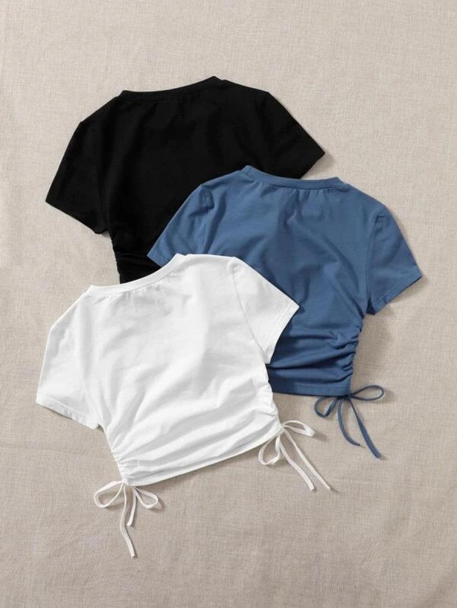 3pcs Drawstring Ruched Side Tee