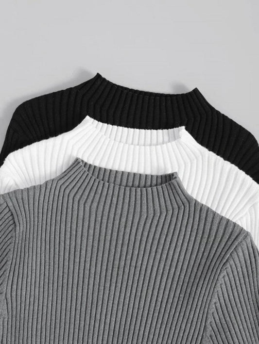 3pcs Mock Neck Ribbed Knit Sweater