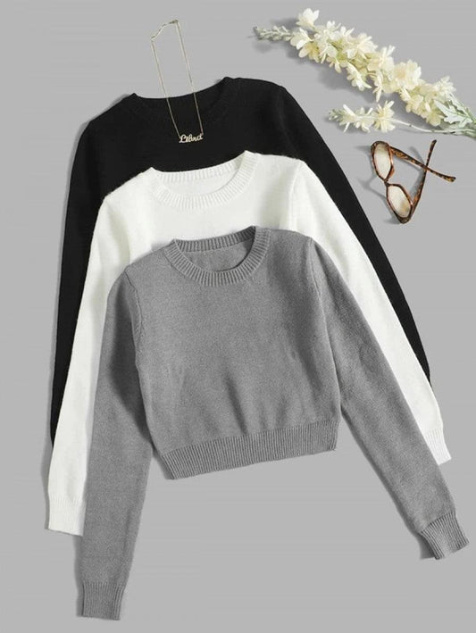 3pcs Solid Round Neck Sweater