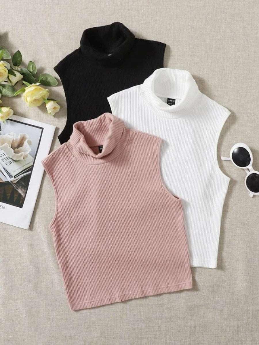 3pcs Solid Turtleneck Ribbed Knit Tank Top